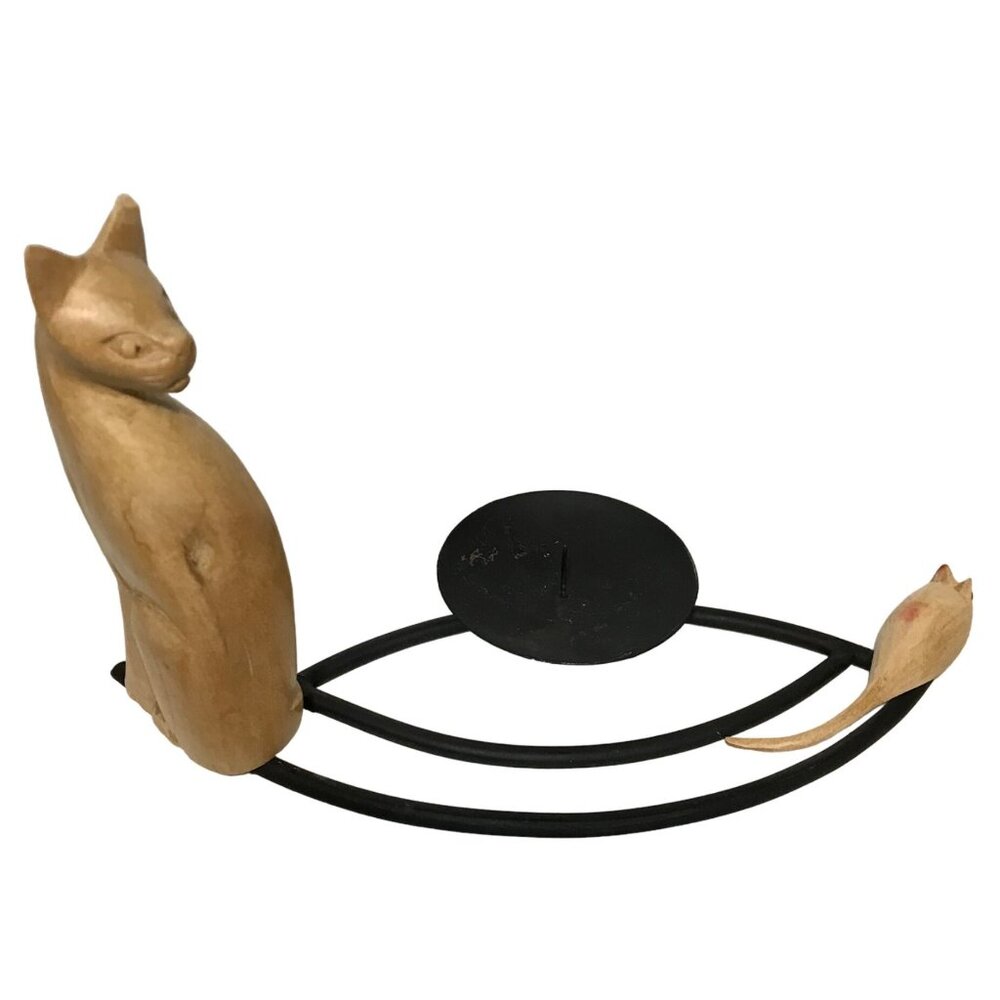 Cat & Mouse Candle Holder Wood and Metal Modern Unique 6" tall